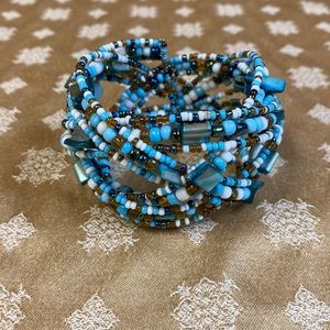 Beautiful Sky Blue, White & Brown Cuff Bracelet.